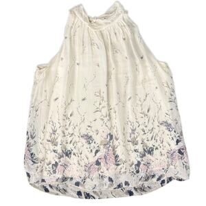 Via Signoria Cream Floral Purple Green Flowers Silk Sleeveless Halter Top size M